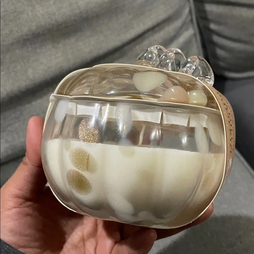Aldi Kirkton White Glass  2025 Pumpkin Candle with lid Floral Design Vanilla